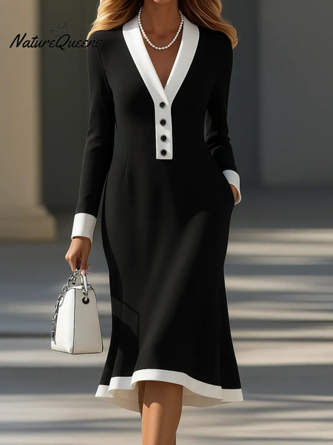 Women's Color-blocked V-neck Long-sleeved Casual Loose Dress