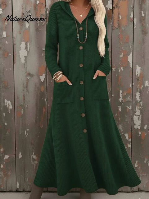 Cozy Loose-fitting Button-down Hooded Cardigan Knit Dress