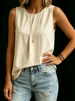 Women's Round-neck Sleeveless Pleated Cotton-linen Top