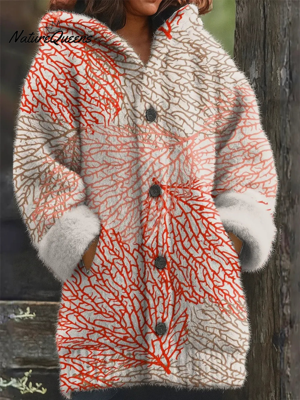 Women's Vintage Leaves Pattern Art Print Casual Fleece Coat