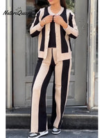 Women's Comfortable Knit Striped Cardigan And Pants Two-piece Set