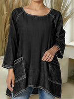 Women's Round Neck Long-sleeved Loose-fitting Casual Denim Top.