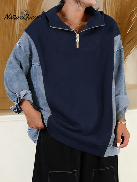 Women's Cardigan Collar Long Sleeve Casual Loose Denim Patchwork Knit Top