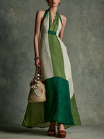 Women's Casual Loose Cotton-linen Dress With Geometric Color-block Print V-neck And Sleeveless Design