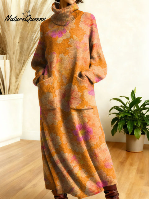 Women's Retro Floral Flowers High-neck Long-sleeve Casual Loose Knit Dress