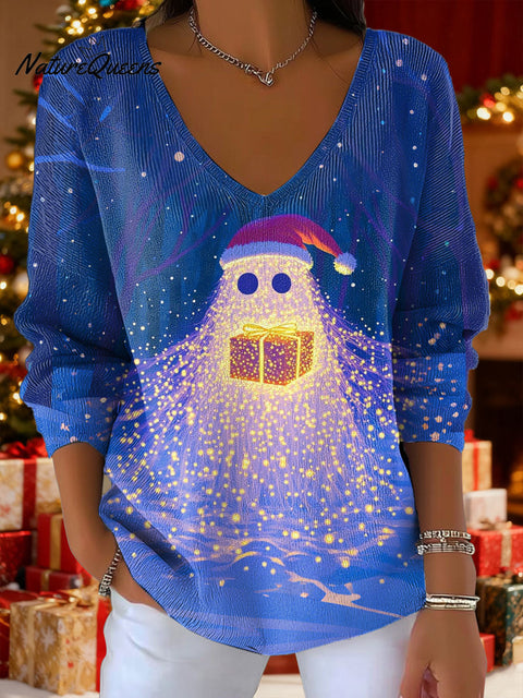 Women's Neon Lights Christmas Gifts Ghost Lights Pattern Art Print V-neck Solid Color Loose Shiny Sweater