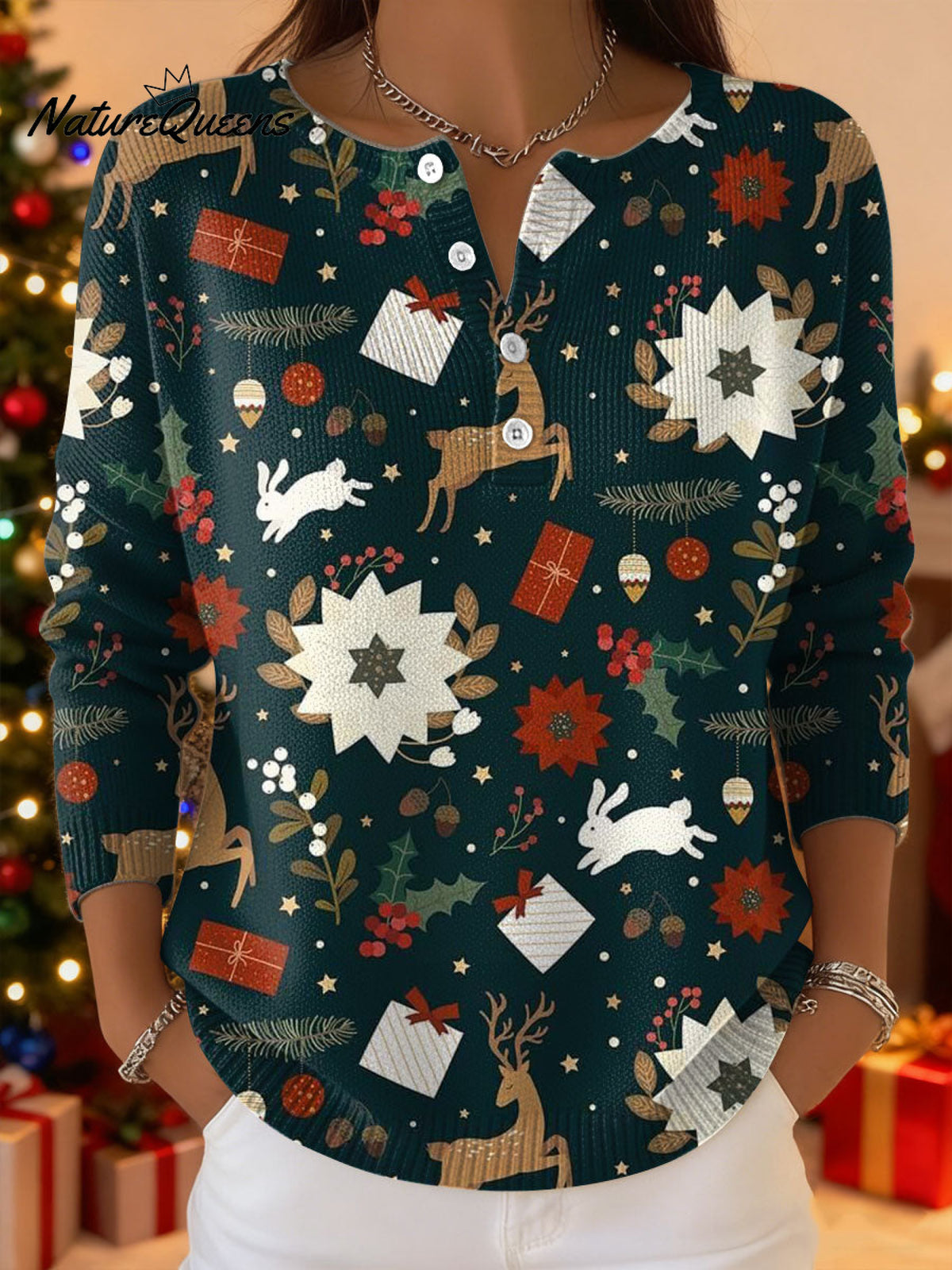 Women's Christmas Pattern Art Print Buttoned Cardigan Sweater