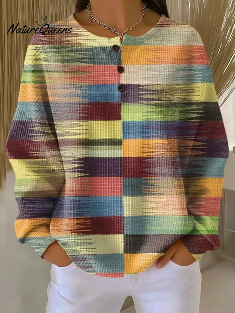 Women's Colorful Abstract Geometric Stripes Painting Art Print Casual Cotton Shirt