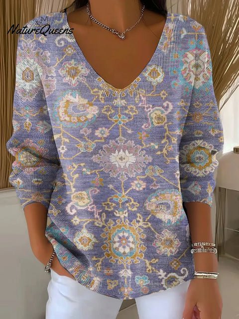 Retro Symmetrical Purple Pattern Print V-neck Pullover Sweater