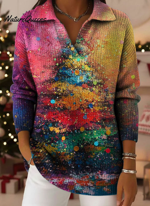 Color Christmas Tree Art Pattern Art Polo Collar Shiny Loose Sweater Top