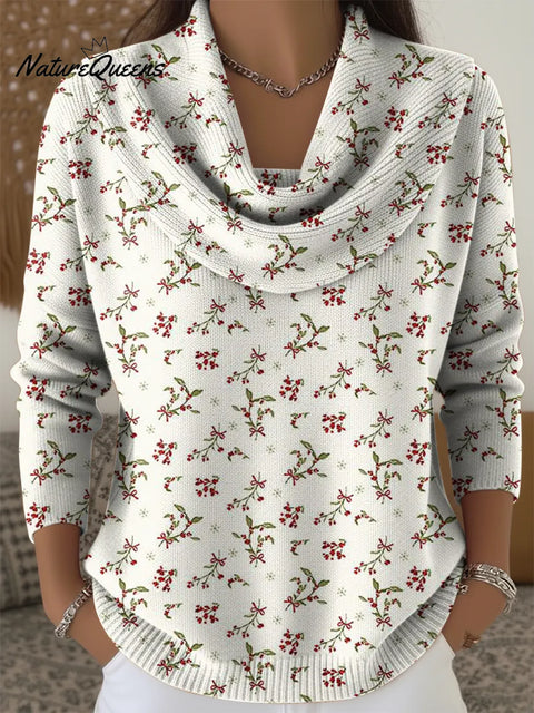 Women's Christmas Floral Print Cowl Neck Sweater