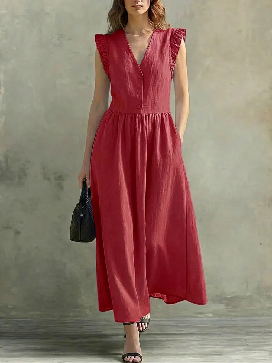 Women's Solid Color Ruffled Art Casual Fashion Cozy Cotton Linen Dress