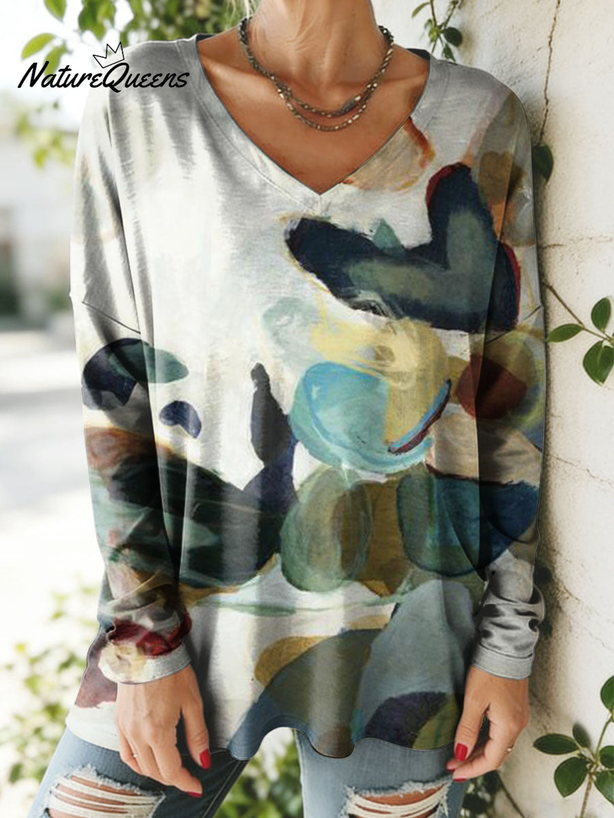 Women's Abstract Colors Pattern Art Print V-neck Casual Cotton T-shirt