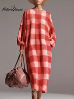 Women's Plaid Print Round Neck Long Sleeve Casual Loose Knit Dress