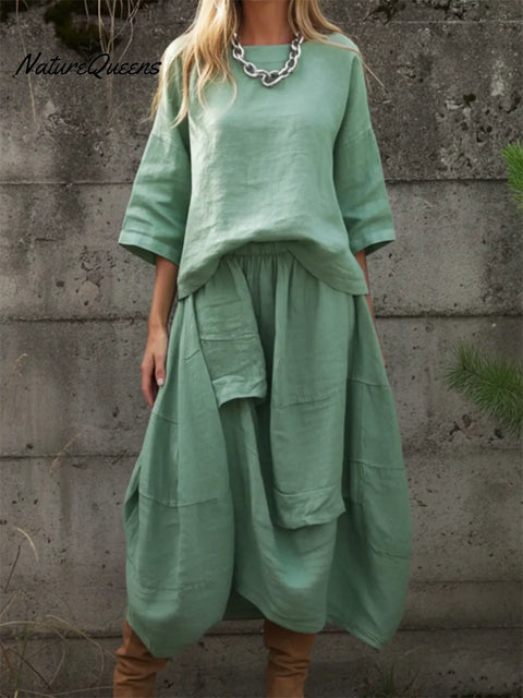 Retro Linen Top And Pocket-style Skirt Two-piece Set