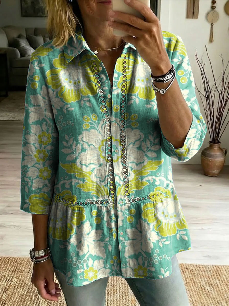 Floral Flowers Art Patterns Casual Patchwork Openwork Webbing Linen And Cotton Shirt