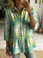 Floral Flowers Art Patterns Casual Patchwork Openwork Webbing Linen And Cotton Shirt