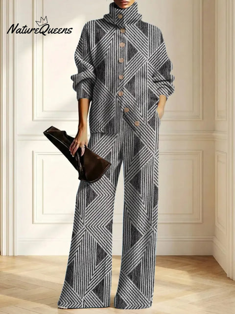 Women's Geometric Art Print Casual Cotton Knitted Suits