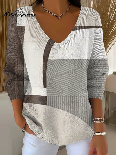 Women's Abstract Pattern Art Print Casual V-Neck Sweater