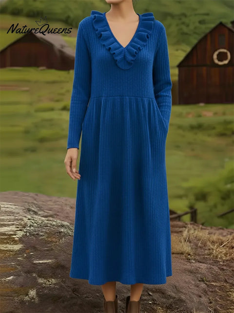 Retro Elegant V-neck Ruffled Knit Midi Dress