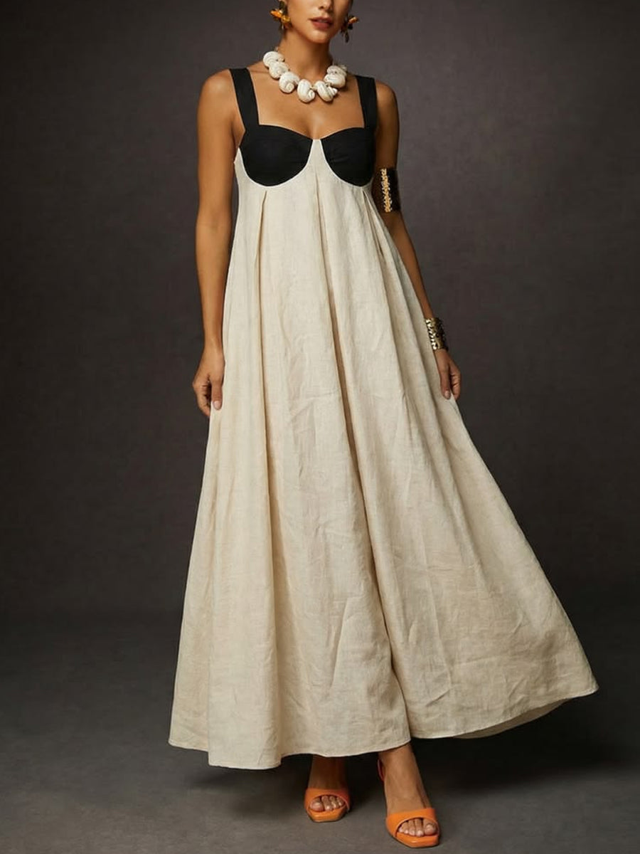 Women's Color-block Design Cotton Linen Maxi Dress