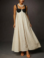 Women's Color-block Design Cotton Linen Maxi Dress
