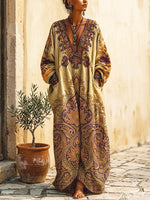 Women's Ethnic Floral Art Print Casual Long Sleeve Cotton Linen Dress