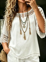 Women's White Lace-trimmed Three-quarter Sleeve Shirt