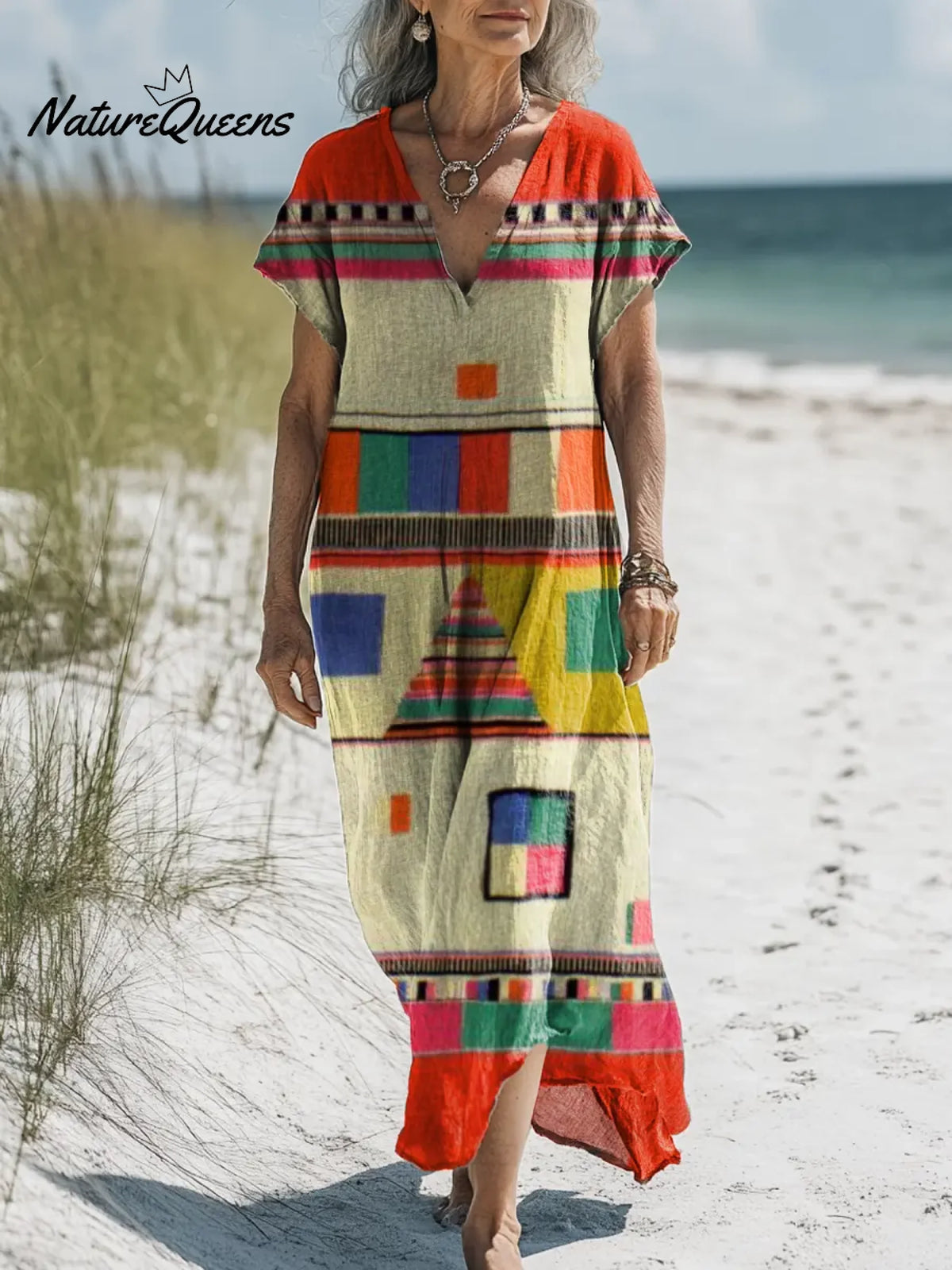 Women's Geometric Pattern Art Print Casual Cotton And Linen Dress