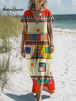 Women's Geometric Pattern Art Print Casual Cotton And Linen Dress