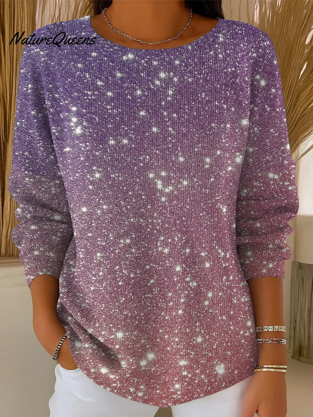 Women's Pink To Purple Gradient Print Casual Pullover Sweater