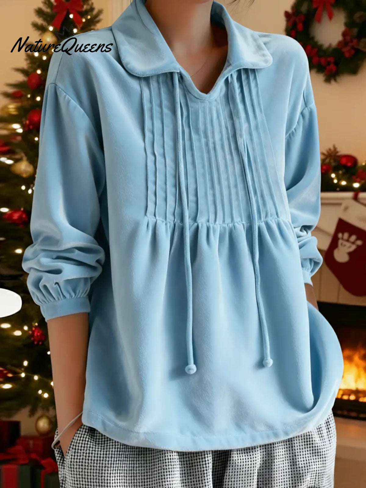 Women's Solid Color Cardigan Collar Long-sleeved Casual Loose Pleated Velvet Top