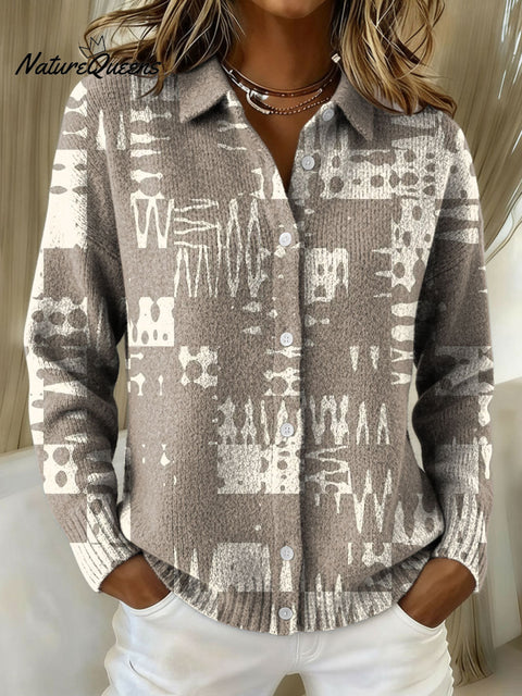 Women's Retro Geometric Abstract Stripe Pattern Art Print Cowl Neck Sweater