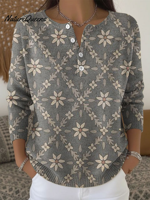 Women's Multicolor Flowers Pattern Art Print Buttoned Cardigan Sweater