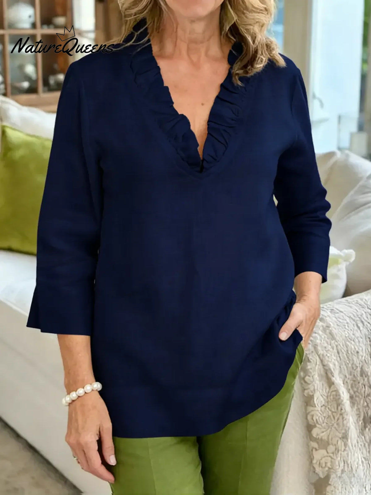 Women's Solid Color V-neck 3/4 Sleeve Casual Loose Cotton And Linen Top