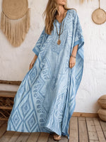 Women's Retro Geometric Print V-neck 3/4-sleeve Casual Loose Cotton-linen Dress
