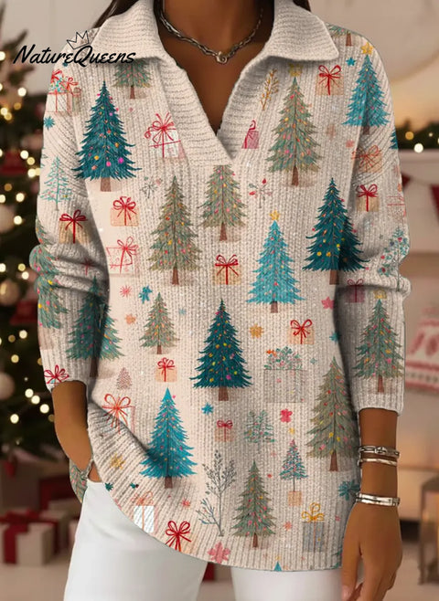 Women's Christmas Tree Pattern Art Print Casual Cotton Sweater