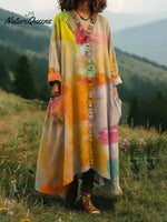 Sunset Orange Color Palette Printed Lace Trim V-neck Dress