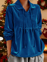 Women's Solid Color Cardigan Collar Long-sleeved Casual Loose Pleated Velvet Top