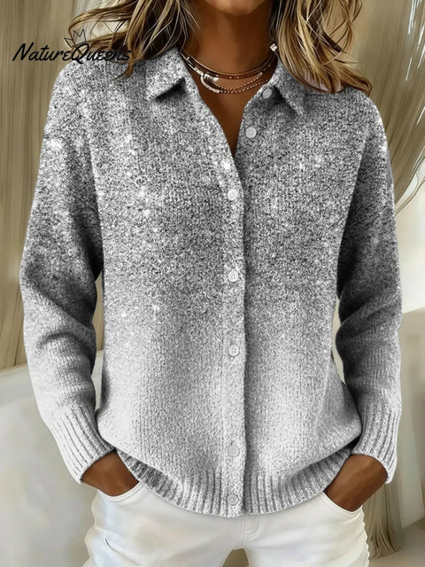 Women's Silver Gradient Printed Collared Sweater