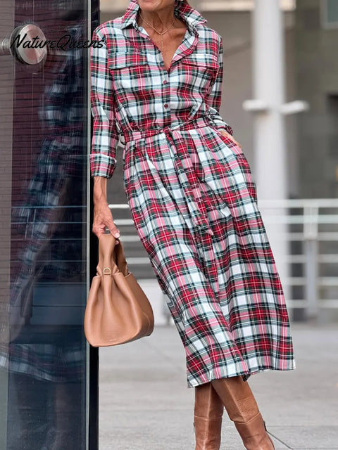 Women's Casual And Comfortable Plaid Cotton And Linen Shirt Dress