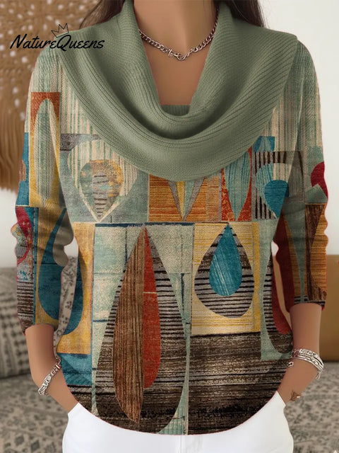 Women's Abstract Geometry Art Print Cowl Neck Sweater