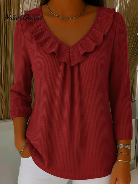 Elegant Ruffled V-Neck Solid Color Sweater Top