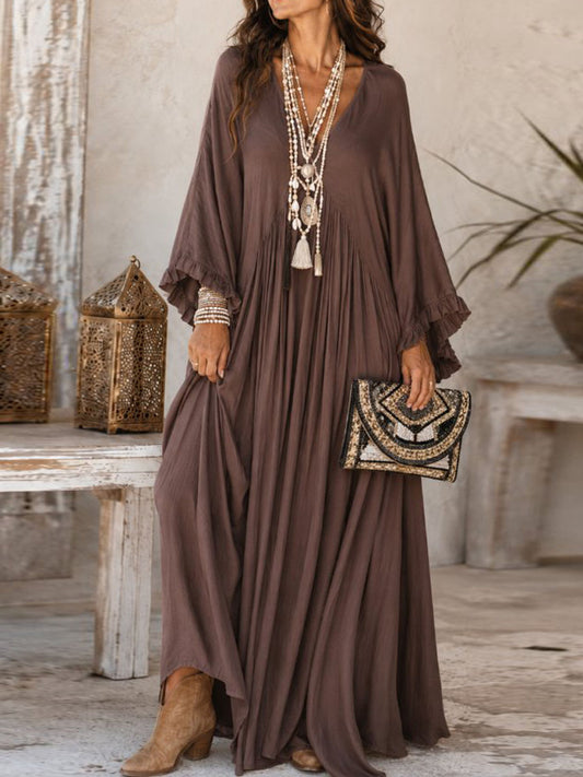 Women's V-neck Long-sleeved Casual Loose Cotton Linen Dress