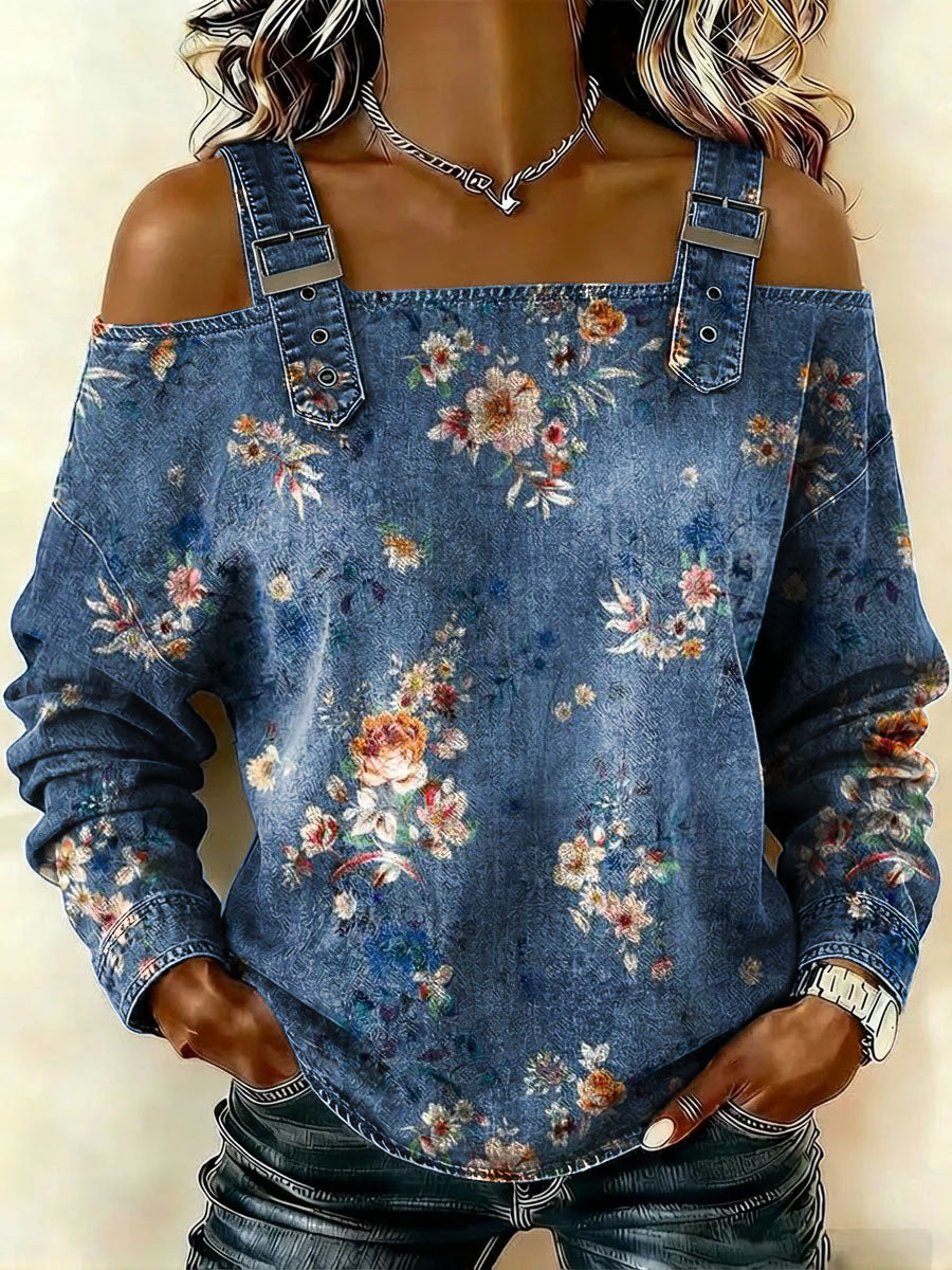 Women‘s Vintage Flower Art Print Casual Cotton Denim Shirt