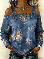 Women‘s Vintage Flower Art Print Casual Cotton Denim Shirt