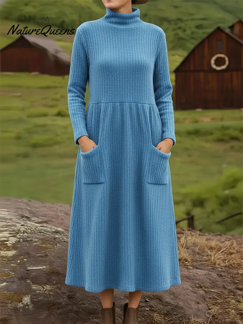 Retro Casual Turtleneck Pocket Knit Midi Dress