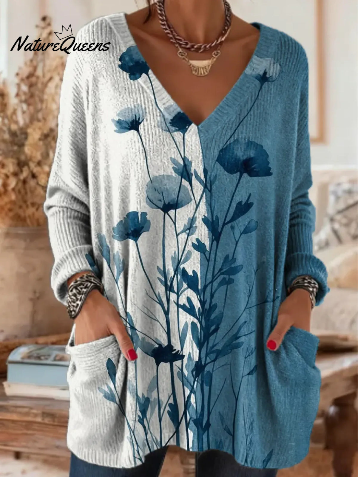 Women's Floral Pattern Art Print Casual Cotton Knitted Sweater