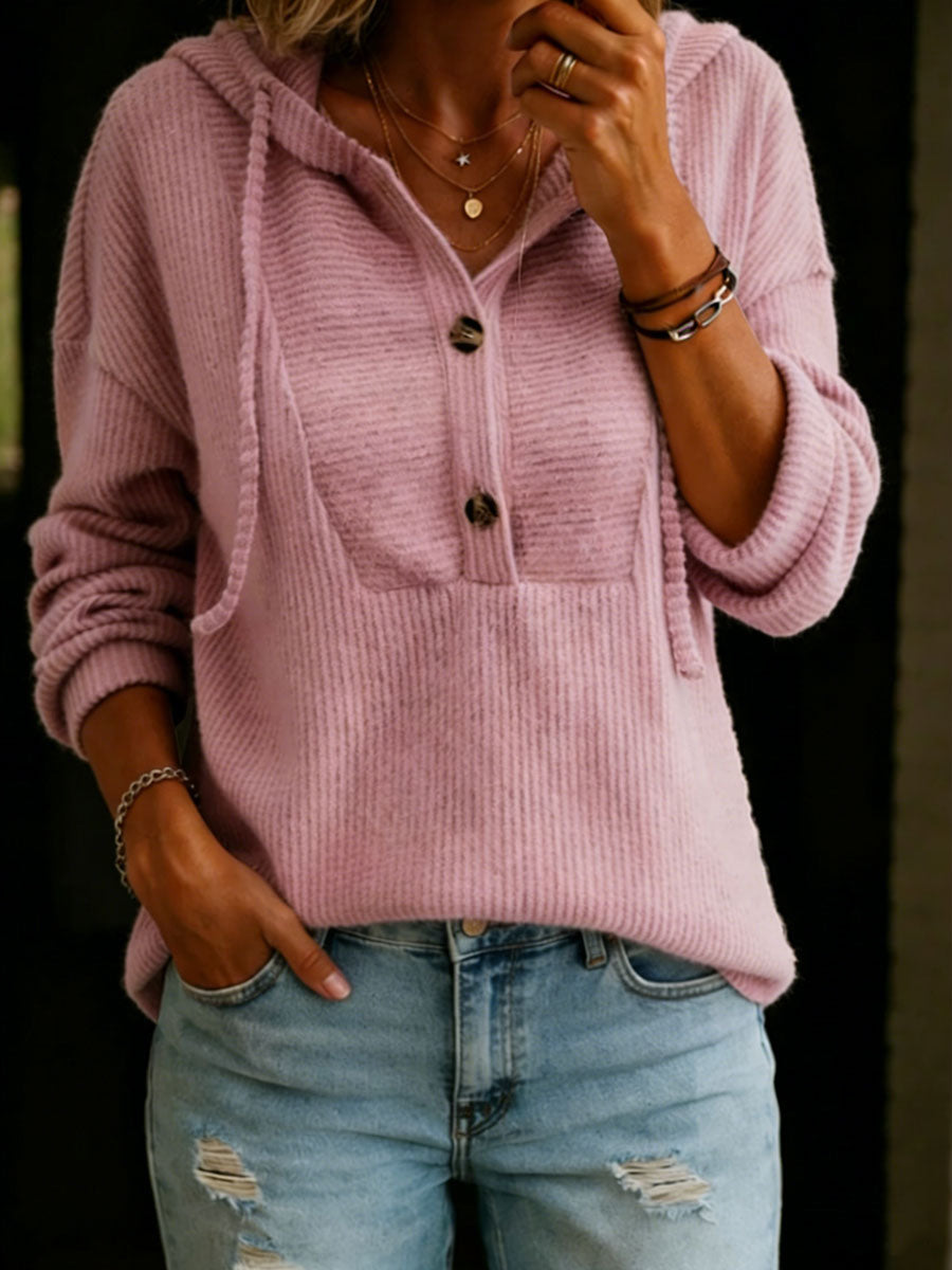 Women's Solid Color Hooded Crew Neck Long-sleeved Sweater