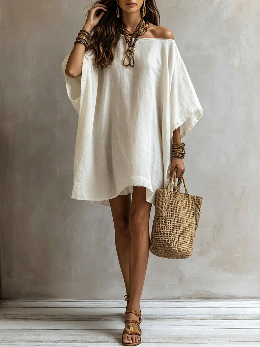 Women's Simple Retro Off-the-shoulder Long-sleeve Cotton-linen Dress